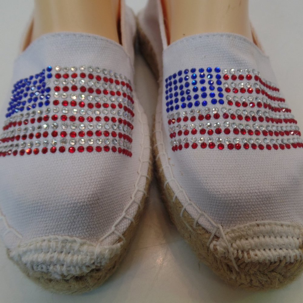 Savi White Canvas Espadrilles W Red White Blue Sparkle Flags Embellished. S 8.5